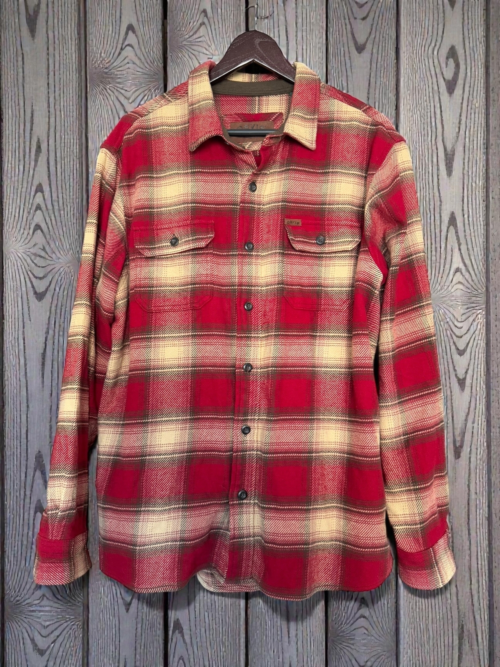 Orvis Men’s XL Red Plaid Flannel Shirt Heavy Cotton Button Front Outdoor